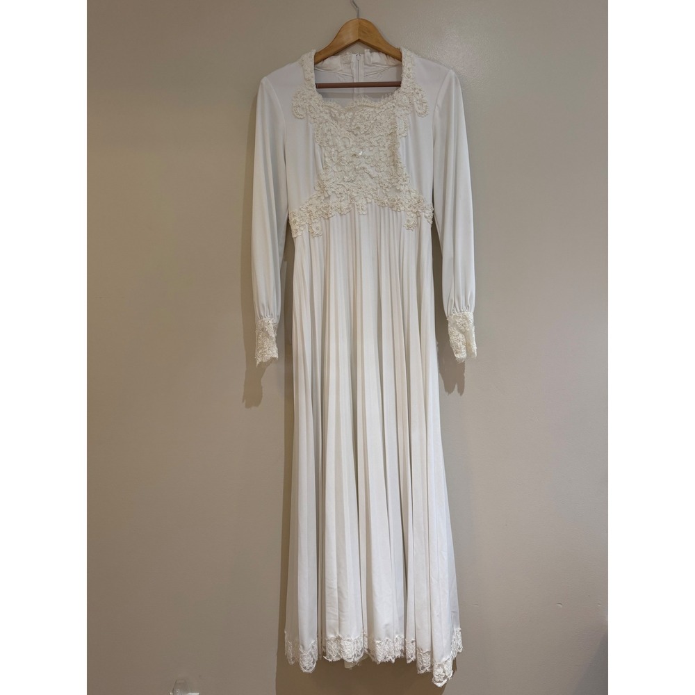 Vintage White Lace Pearl Pleated Bridal Wedding Gown handmade lined small